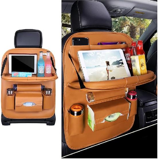 Car Seat Back Organizer, Leather Vehicle Seatback Storage Pocket With Foldable Table Tray, Multifunctional Automotive Backseat Protectors Kick Mats