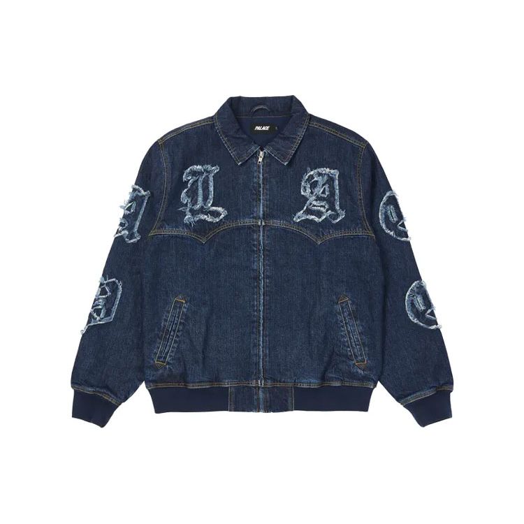 Palace Lique Denim Jacket Mid Stone Wash FW21 Zipper Collar Jacquard Denim Jacket Unisex Jackets Blue P21D012