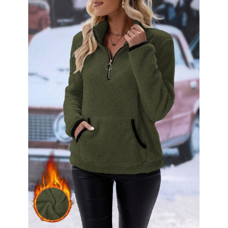 Women Half Zip Pocket Plush Hoodie Autumn Winter