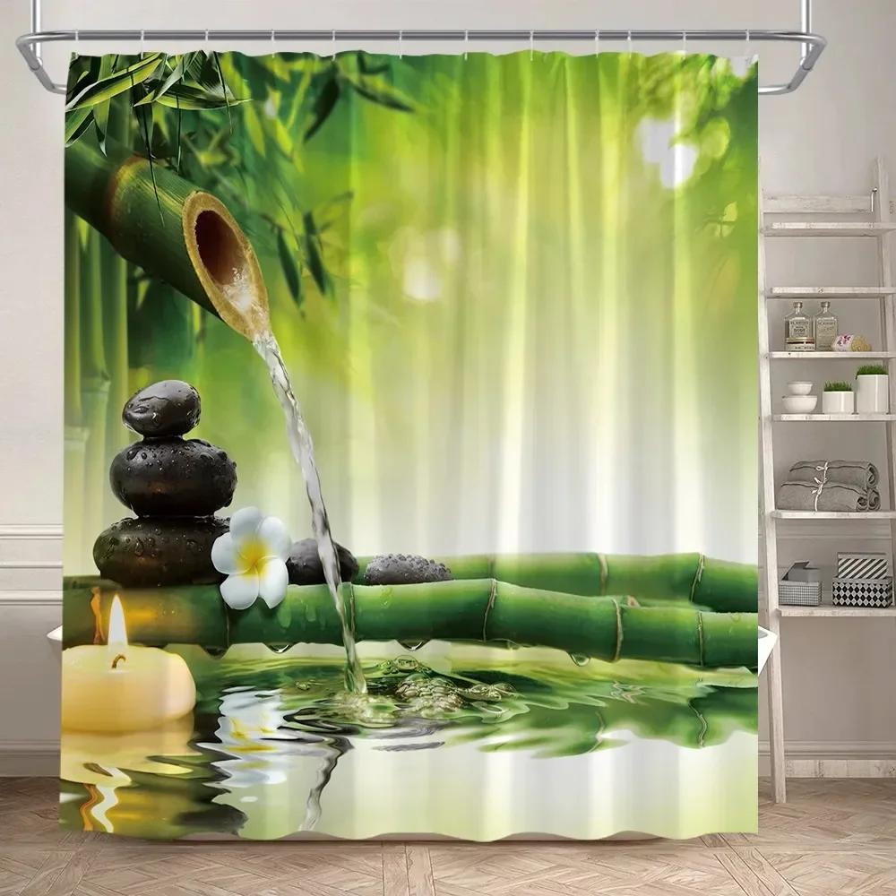 Zen Green Bamboo Shower Curtains Purple Orchid Butterfly Flowers Plants Black Stone Spa Nature Scenery Fabric Bathroom Decor Set