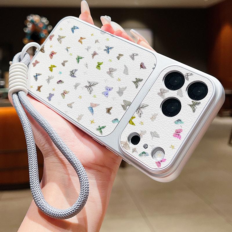 Colorful Butterfly Pattern Leather Lanyard Case For iPhone 18 Pro Max 17 16 15 14 13 Pro Max Luxury Hybrid TPU+PU Anti-skid Soft Phone Cover