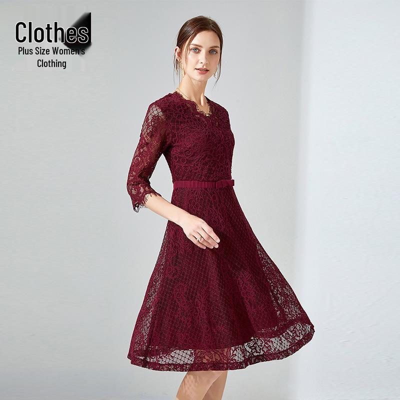 

TAOYIZHUAI Платье с V-образным вырезом, французское ретро, кружевное, красно-коричневое, большого размера, для осени/зимы 5XL темно-красного