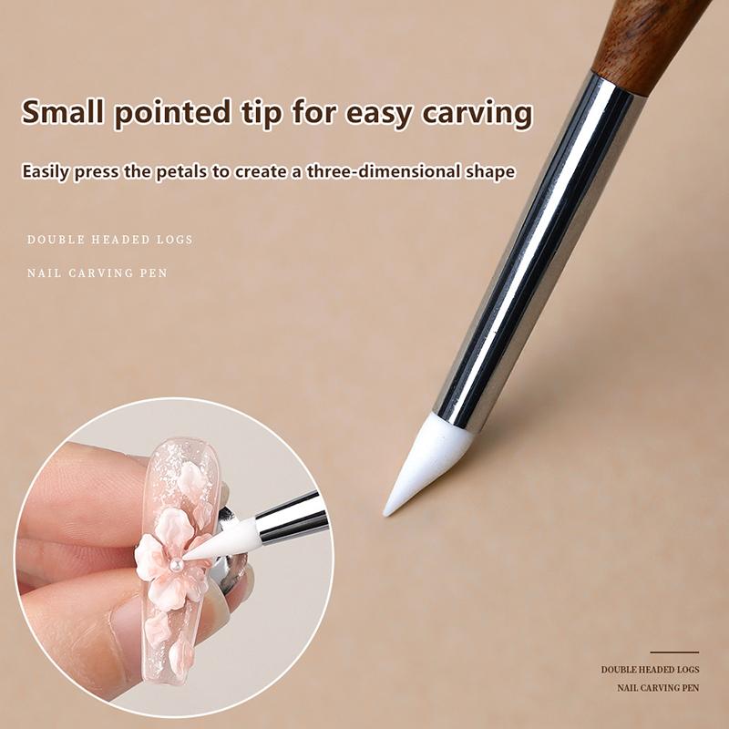 2 Pcs Professional Double-Ended Silicone Head Carving Dotting Pen Sandalwood Handle Swirl Nail Painting Pen Diy Carving Pen Tool