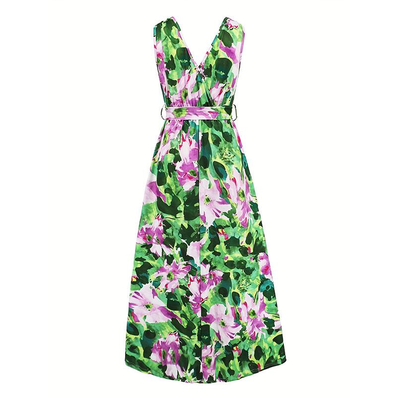 Women Summer Sleeveless V Neck Bohemian Style Flower Printed Waisted High Split Long Dress