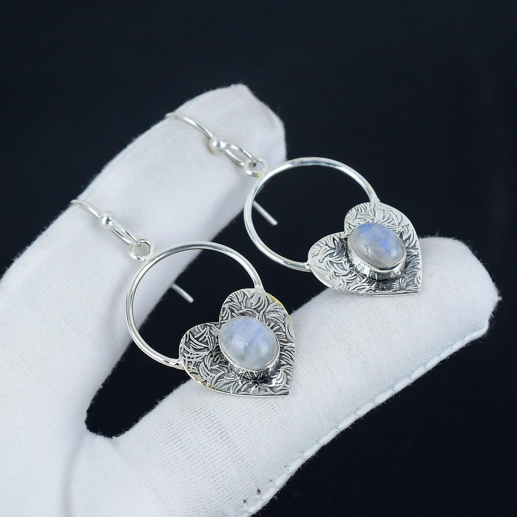 Natürliche Regenbogen Mondstein Herz Form Ohrringe, 925 Sterling Silber Ohrringe, Handgemachte Boho Silber Schmuck Ohrhänger, Verlobungsgeschenk
