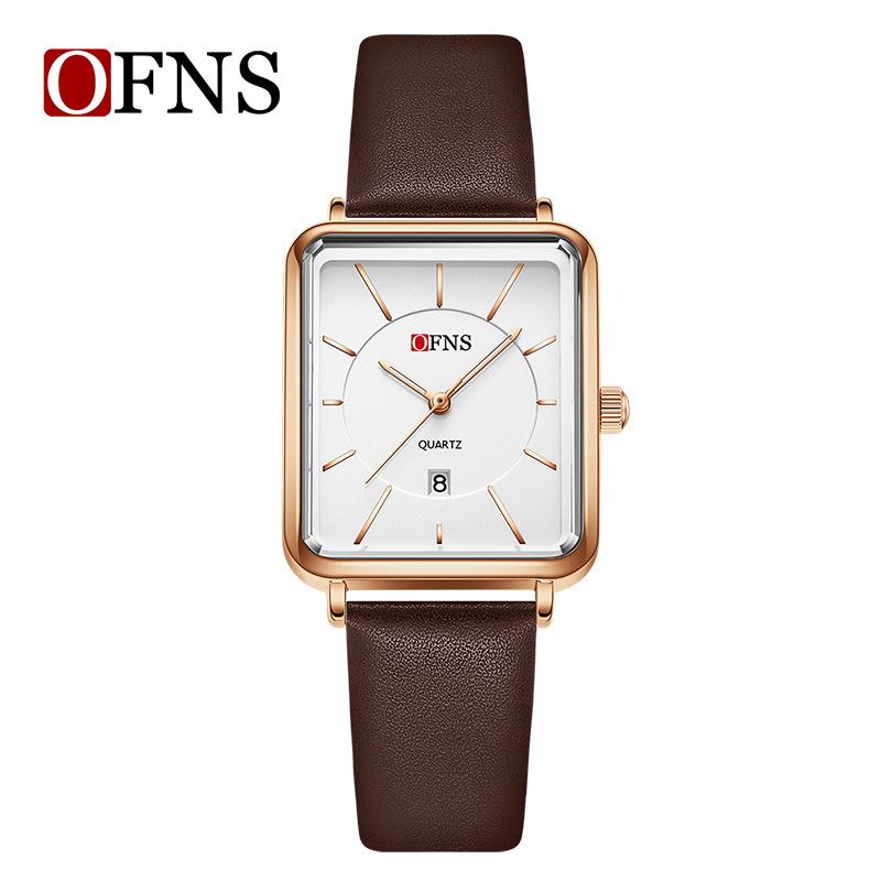 OFNS Women's Retro Square Watch – French Design, Simple Bar Markers, Business Style, Calendar, Waterproof, Quartz Movement.