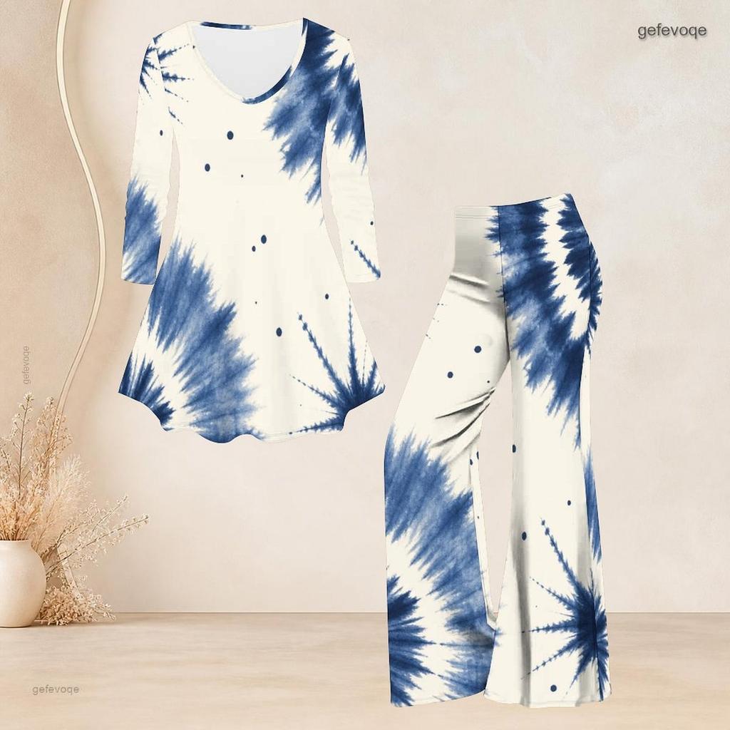Women Plus Size Round Neck Three Quarter Sleeve Blue Printed Flared Top And Flared Pants Two Piece Set