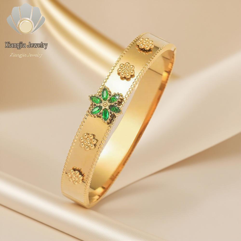 Szmaragdowy Cyrkoniowy Kwiat Stal Tytanowa Bransoletka - Damska Styl Europejski i Amerykański, Luksusowa Modna Bransoletka.