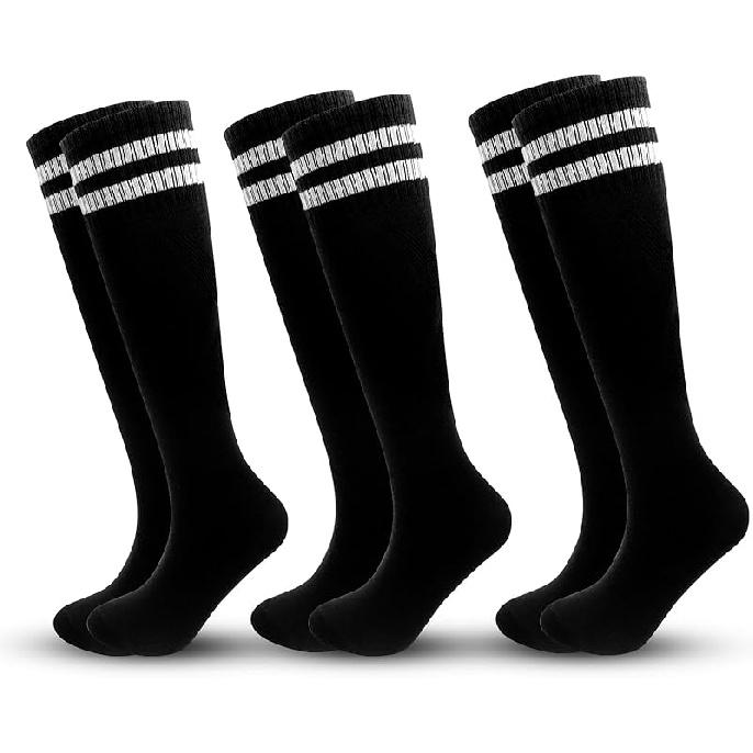 

3 Pairs Kids Soccer Socks Striped Knee High Tube Socks Football Uniform Sports Socks for Boys Girls 6-12 Years Old One Size