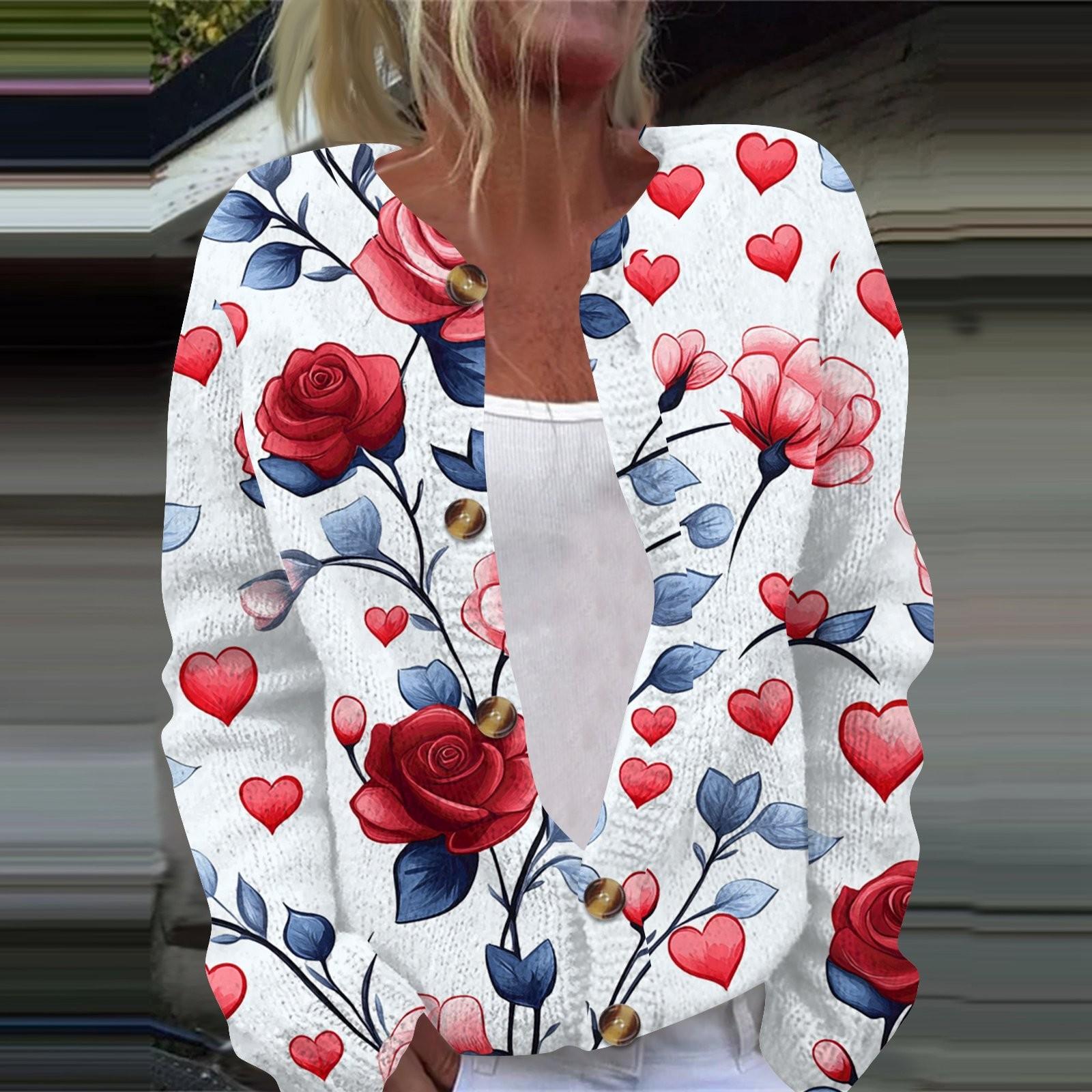 

Женская мода День святого Валентина Сердце Принт Длинный рукав Вязаный кардиган Куртка на пуговицах XXXXL