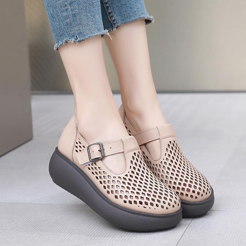 Fashion GKTINOO Genuine Leather Closed Toe Sandals For Women Hollow Out Summer Platform Sandals Wedges Leisure Ladies Shoes Handmade