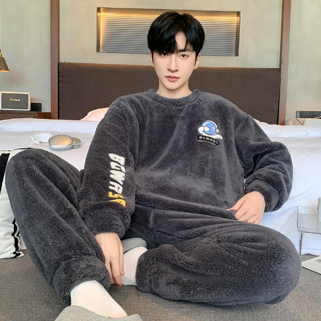 Winter, Coral Fleece, Pajamas, Men's Clothing, Thickened Fleece, Round Neck, Long Sleeved Pants, Suits, Home Clothes