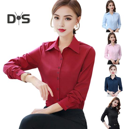 Women Shirt Lapel Long Sleeve Single Breasted Shirt Tops Solid Color Slim Fit Office Lady Shirt Work Wear