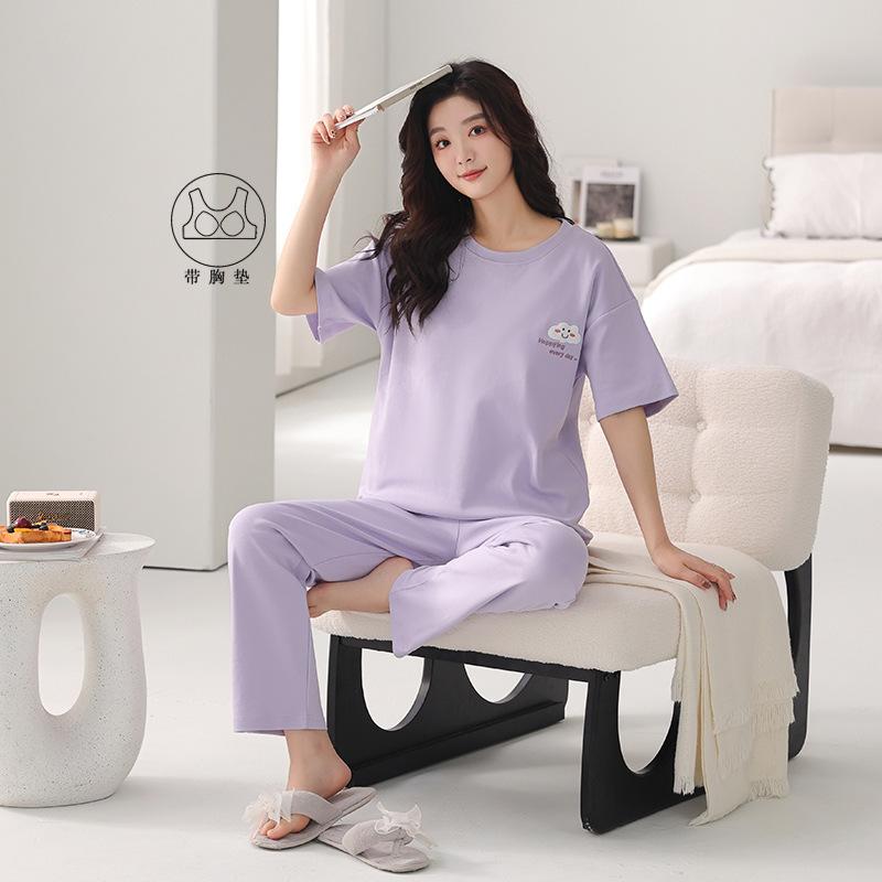 Pajamas women's summer pure cotton 1011 new models with chest pads, short sleeves, shorts, simple pullover, can be worn outside, loungewear set