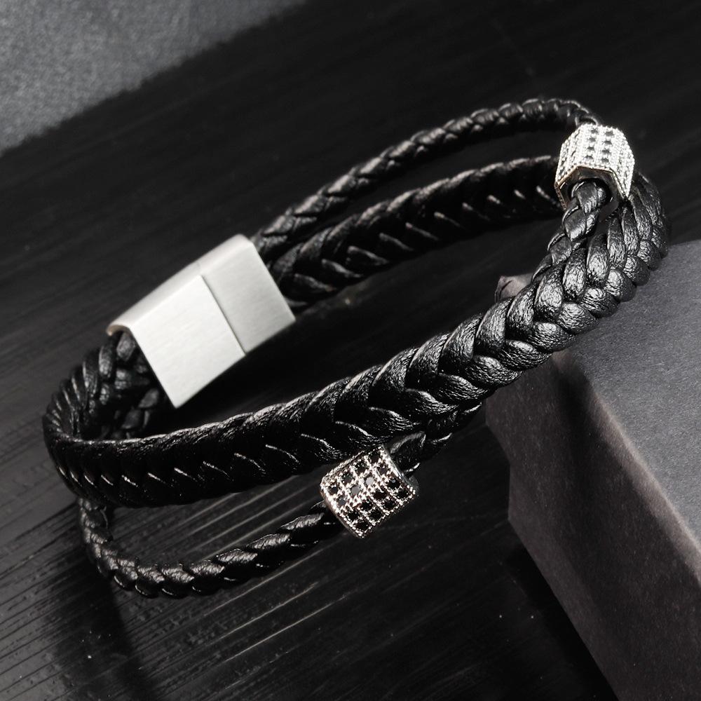Black Leather Rope Cowhide Men s Water Masonry Leather Woven Bracelet Handmade Multilayer Leather Bracelet 2026 21CM