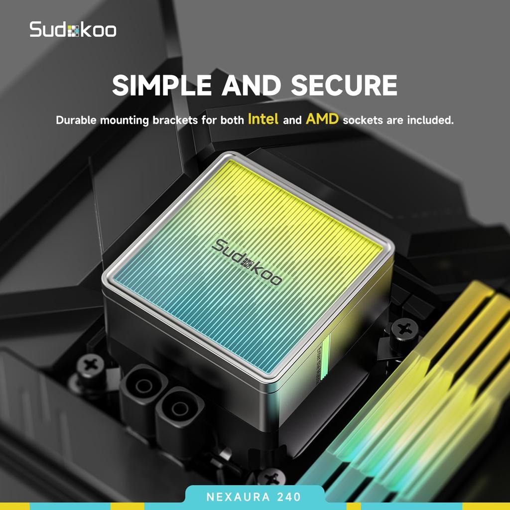 Sudokoo NEXAURA 240 Liquid CPU Cooler: 240mm All-in-One CPU Cooler with PWM Pump & ARGB Pump Head - FDB Fan Water Cooling System Compatible with