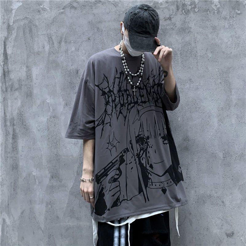 Men Anime T-shirt Summer Dark Tee High Street Gothic Skull Tshirt Loose Oversized Short-sleeved Tshirt Streetwear Top
