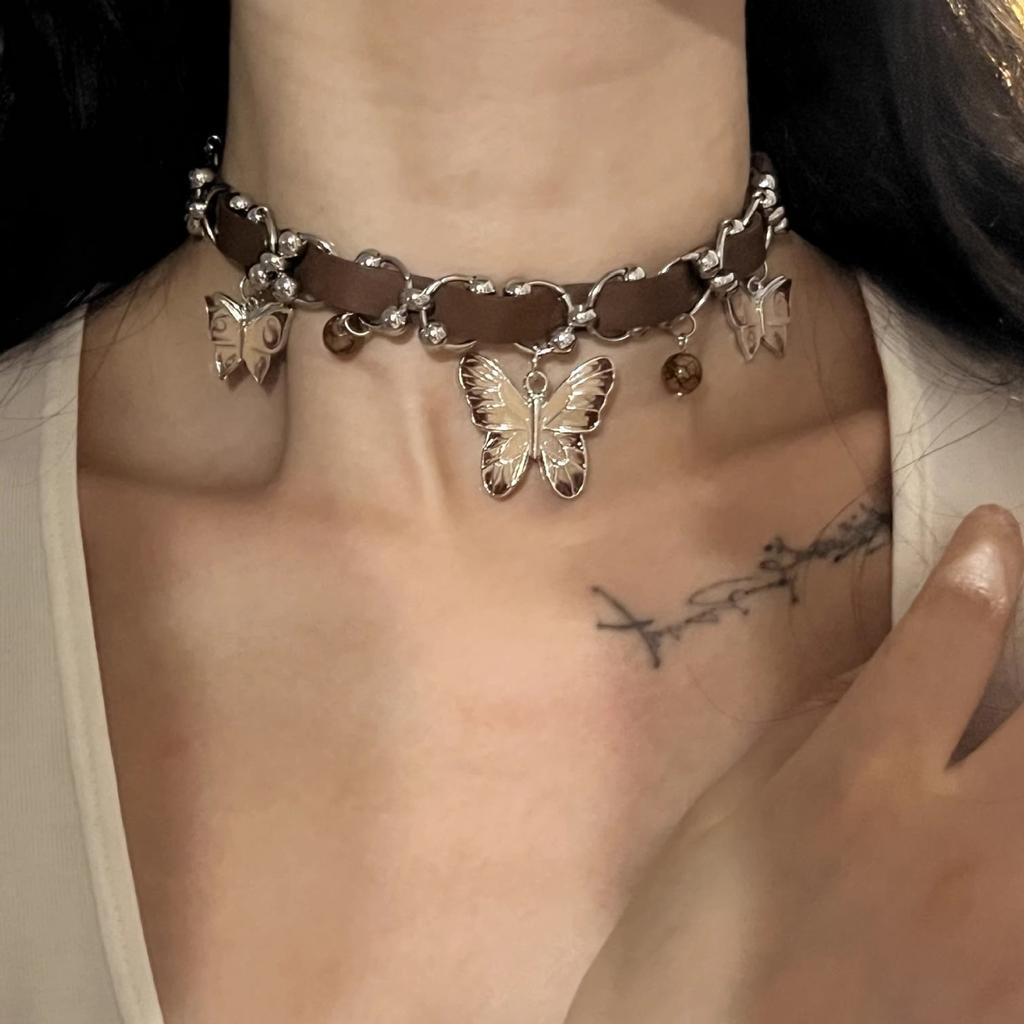American Spice Girl Butterfly Necklace Maillard Brown Vintage Choker Neck Ring Niche Premium Sense Leather Collarbone Chain