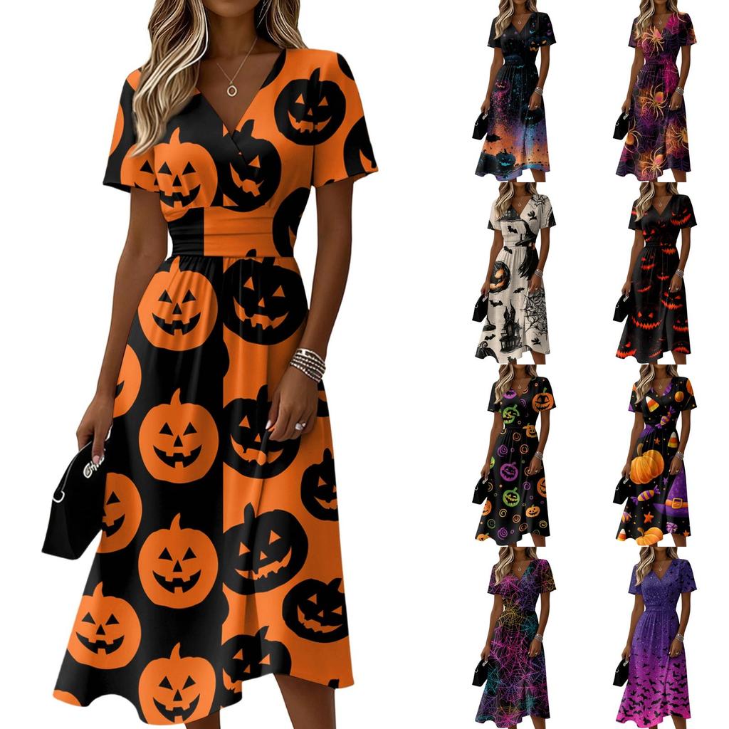 Women's V-Neck Short Sleeve Halloween Print Casual Dress for Halloween Party