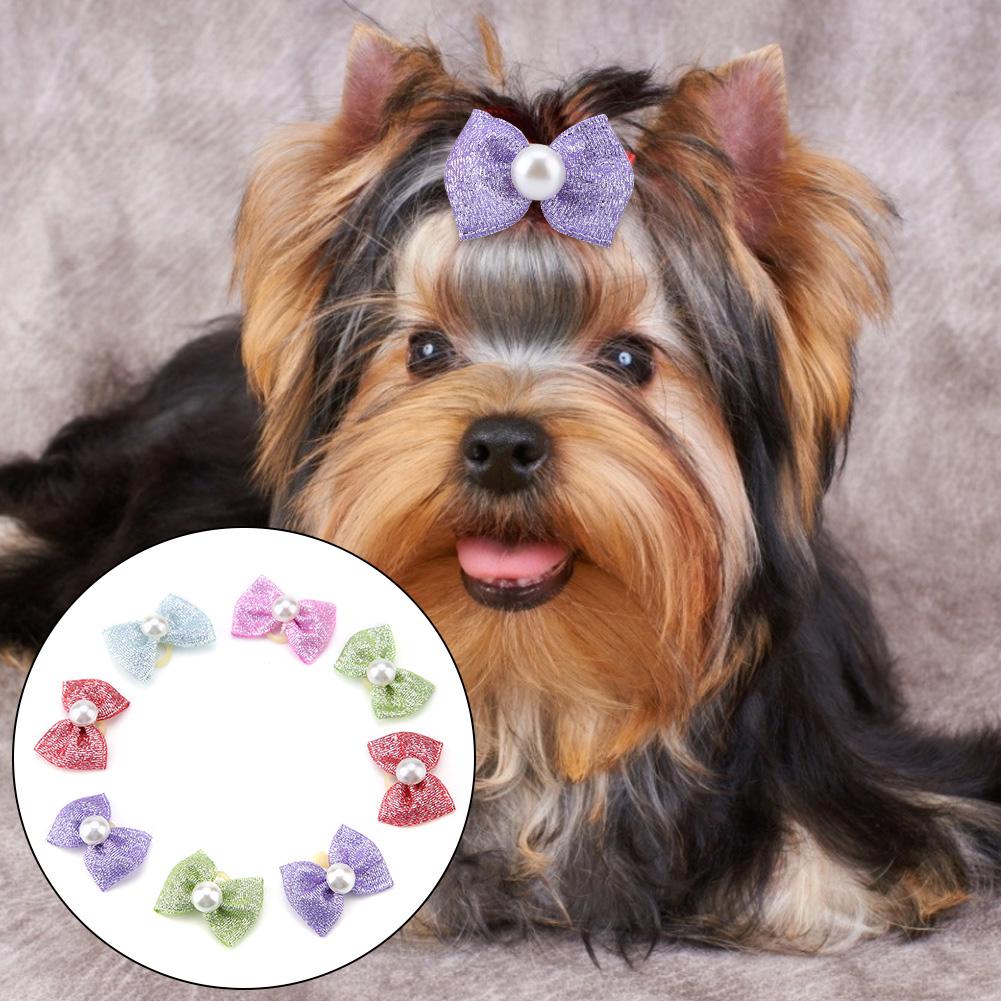 30pcs Cat Puppy Bowknot Hair Rubber Bands with Fake Pearl Pet Hair Accessories