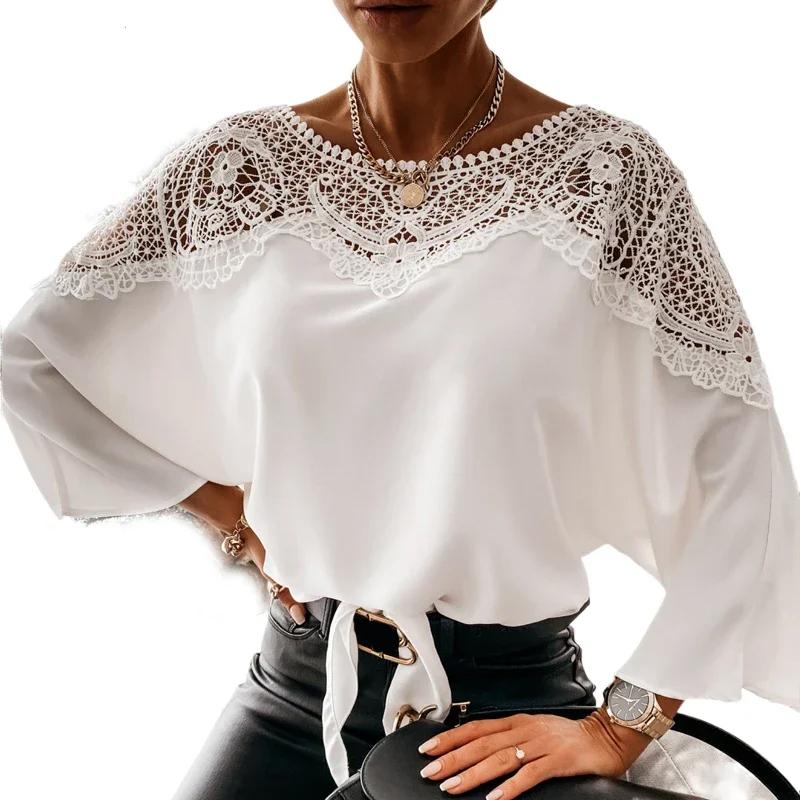 Summer Women New Crochet Lace Blouse Casual Sexy Lace Stitching White Shirts Vintage Elegant Ladies Loose Tops Blusas 12459