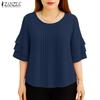 ZANZEA Women Casual Round Neck Loose 3/4 Sleeve Plain Blouse