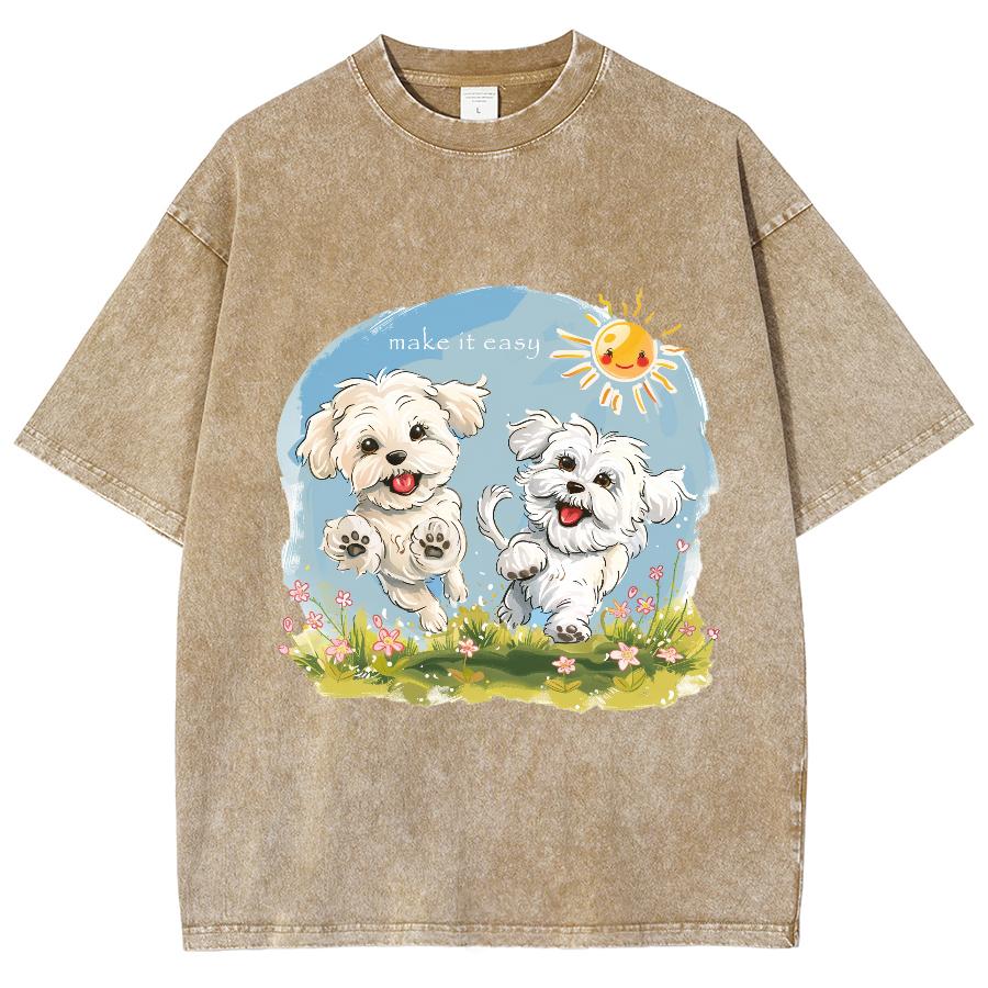 Cartoon Cute Puppy Print Summer Women's T-Shirt Y2K Oversized Neck Short Sleeve Washed Unisex Casual Top