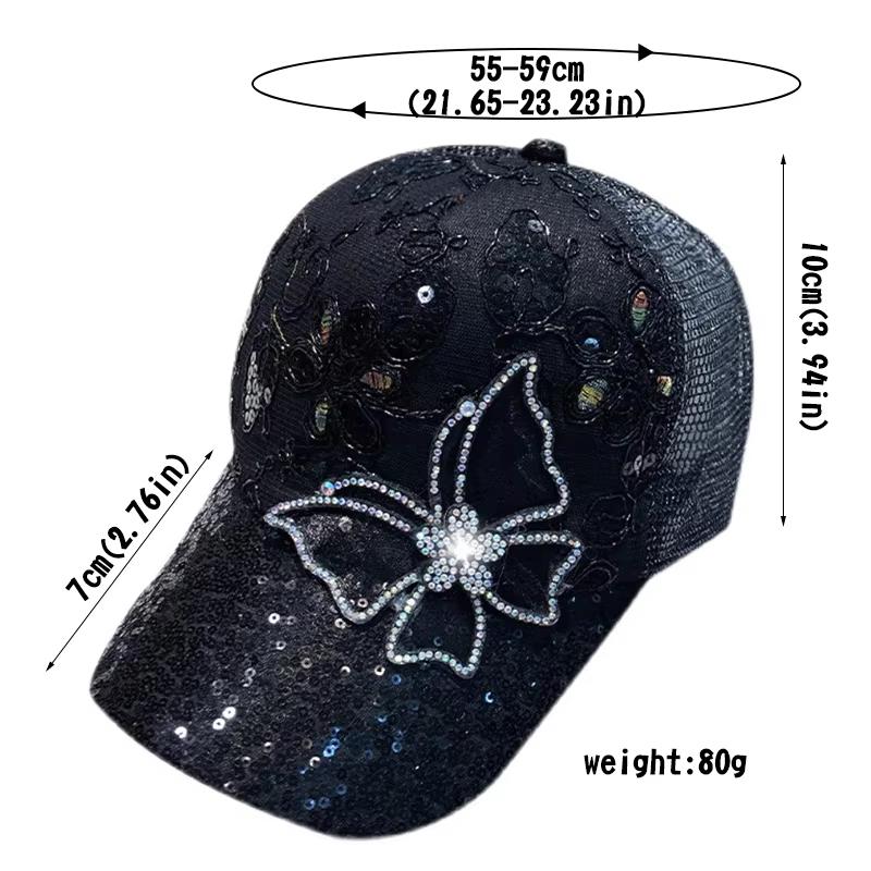 Damen Sommer Glänzende Strass Schmetterling Baseballkappe Mesh Atmungsaktiv Glitzer Pailletten Sonnenschutzhut Lässige Outdoor Visiere Hüte