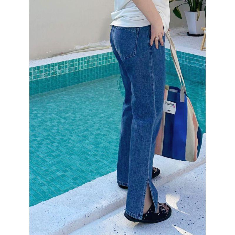 

Miss Biggie Fashion Plus Size Slim Looking Easiest for Match All Cotton Mid-Waist Straight-leg Outer Slit Blue Washed Denim Water wash blue XXL