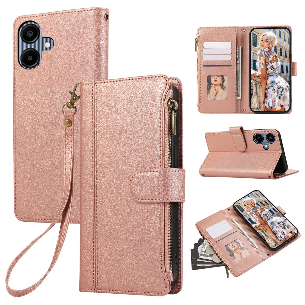 For Samsung Galaxy A06 4G Case Multi Card Slots Zipper Leather Phone Cover with Wrist Strap
