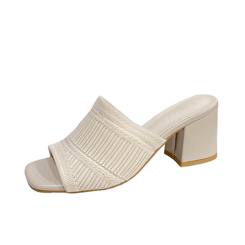 Fashion Summer New Coarse Slippers Women's Square Head Shallow Mouth Mesh Cloth Breathable Open Toe Non-slip Sandals