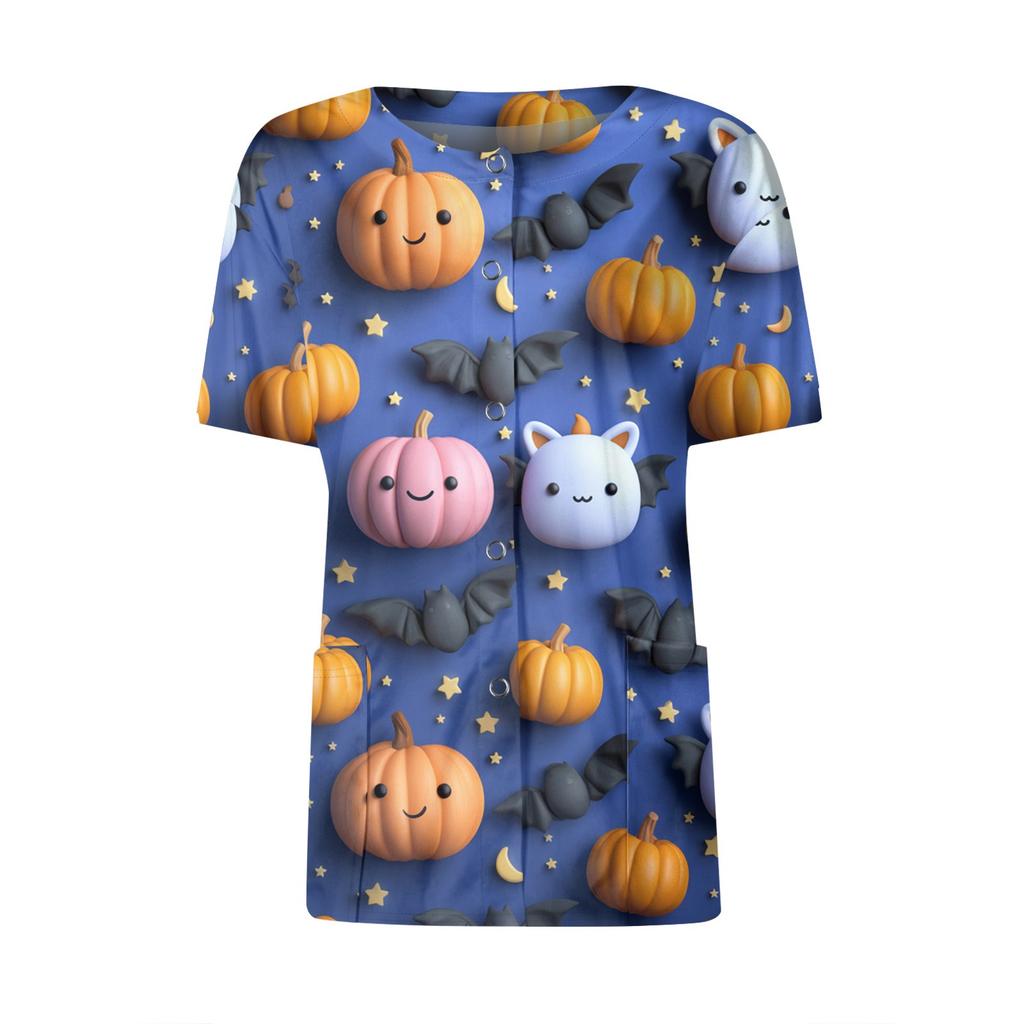 Women's Short Sleeved Patterned Pockets, Work Print Stand Up Collar, Single Breasted Protective Clothing, Cardigan Jacket, Top