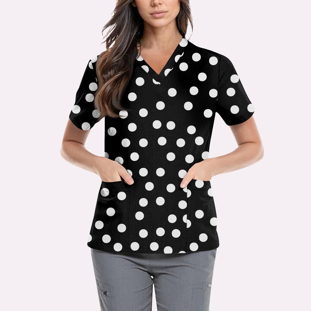 Women's Cute Printed Work Clothes V-neck Double Layer Pockets Basic Short Sleeve Top Pullover Valentines