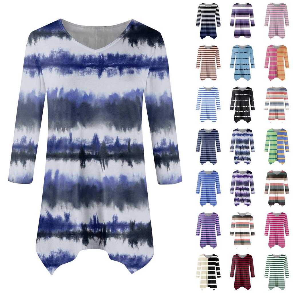 Women's Fashion Casual V-neck Striped Printed Seven-point Sleeve Shirt Belted Loose Comfortable Top