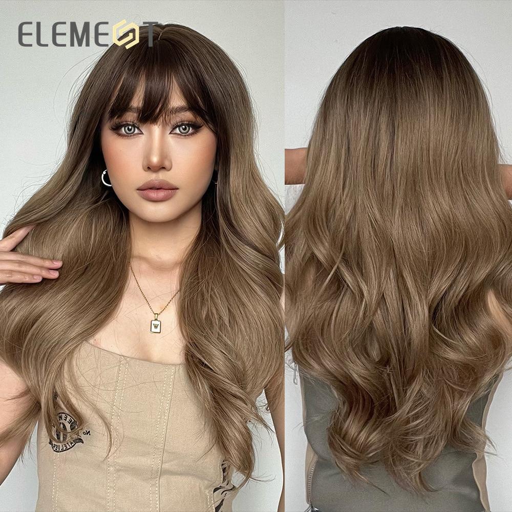 Synthetic Wig Long Medium Water Wavy Ombre Dark Brown with Bangs Wigs for Women Party Daily Hair Heat Resistant Natural