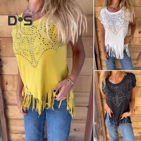 Women T-shirt Round Neck Short Sleeve Tee Shirt with Hot Rhinestones Printing Tassel Hem Solid Color Pullover Tops Daily Wear