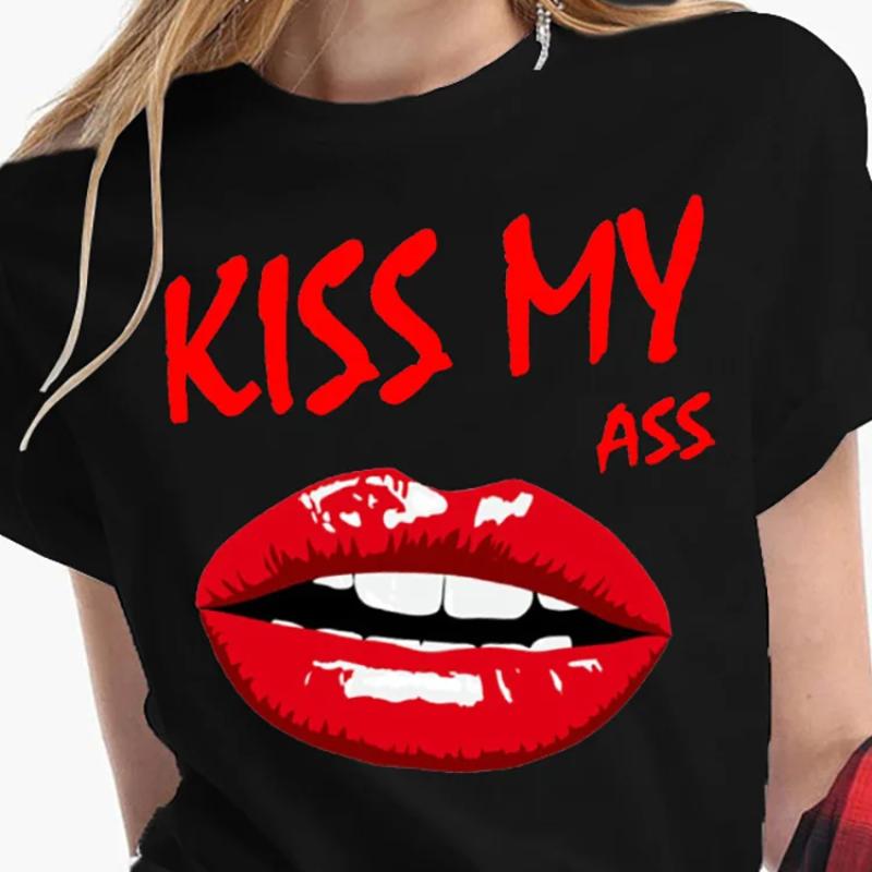Sexy Kiss Lip Pattern Women's T-Shirts Funny Trend Black Tees Fashion Casual O-neck Short Sleeve Tops Oversized Female Pullover