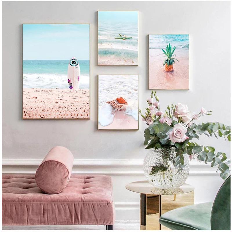 Pink Sea Beach Shell Pineapple Hammock Nordic Posters And Prints Wall Art Canvas PaintingWall Pictures For Living Room Decor