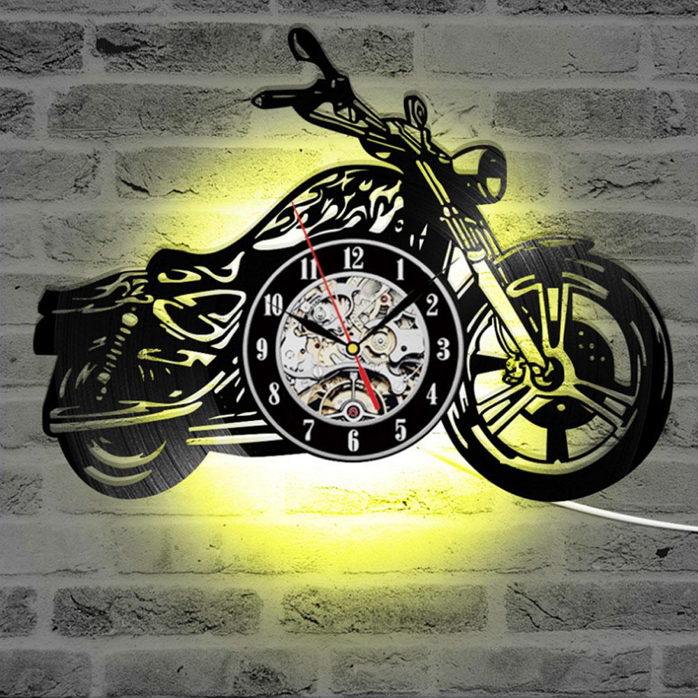 3D Wanduhr Led Leucht Motorrad Form Vinyl Record Mode Design Wand-Montiert Uhr Wohnzimmer Schlafzimmer Home Dekoration
