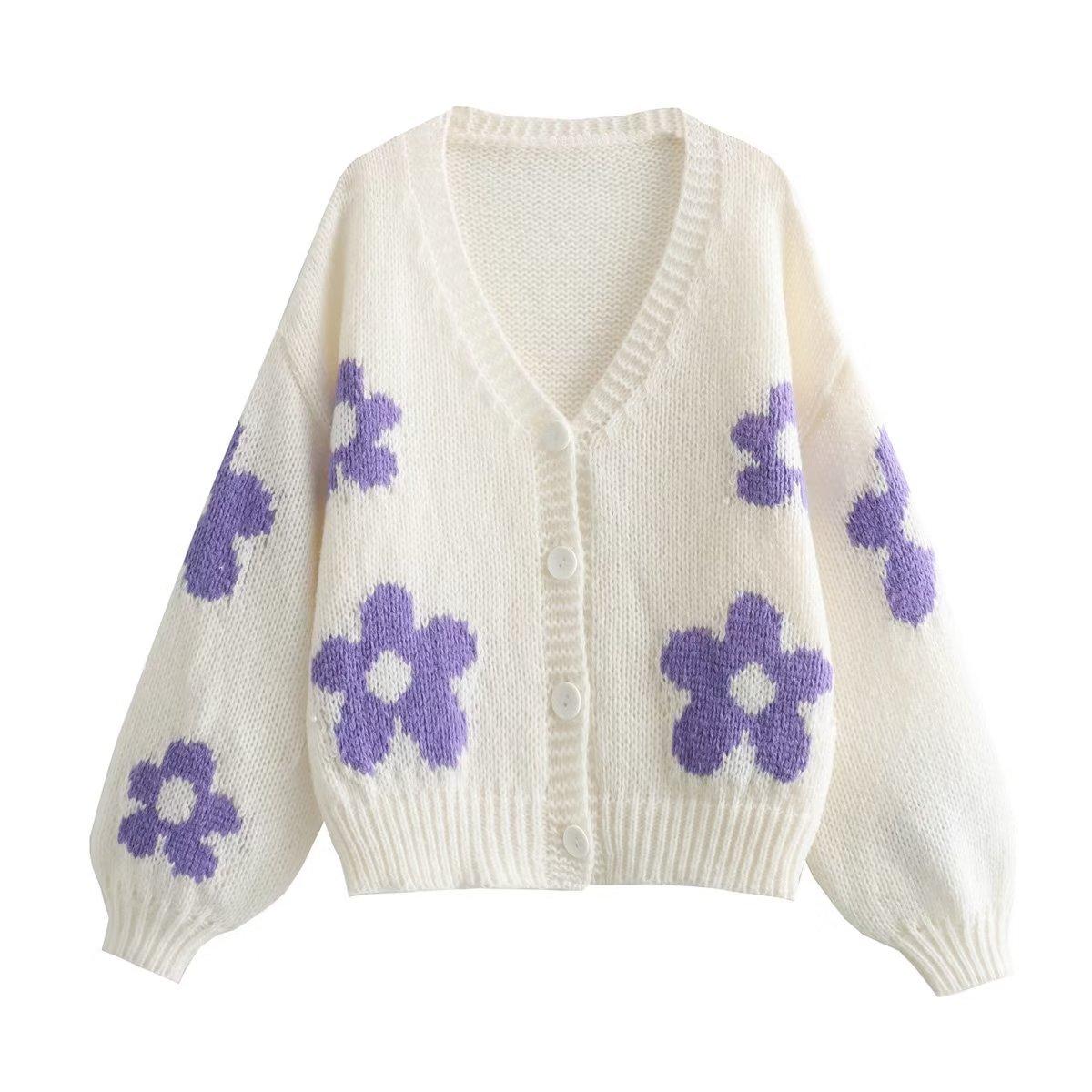 

2025 Autumn and Winter New Women s Clothing V-neck Three-dimensional Inlaid Flower Lazy Wind Knitted Jacket L синий