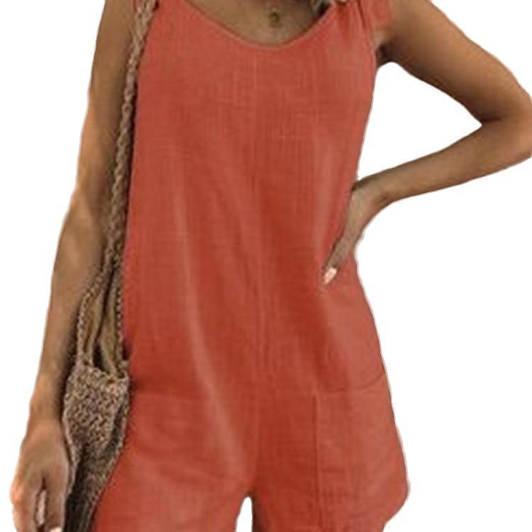Summer 2025 Solid Color Cotton Linen Jumpsuit with Patch Pockets