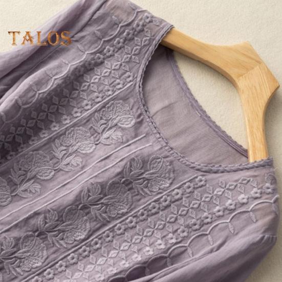 Dameskjorte med rund hals og halve ermer Broderi Blomstermønster Topper Ensfarget Tynn retro bluse Daglig slitasje