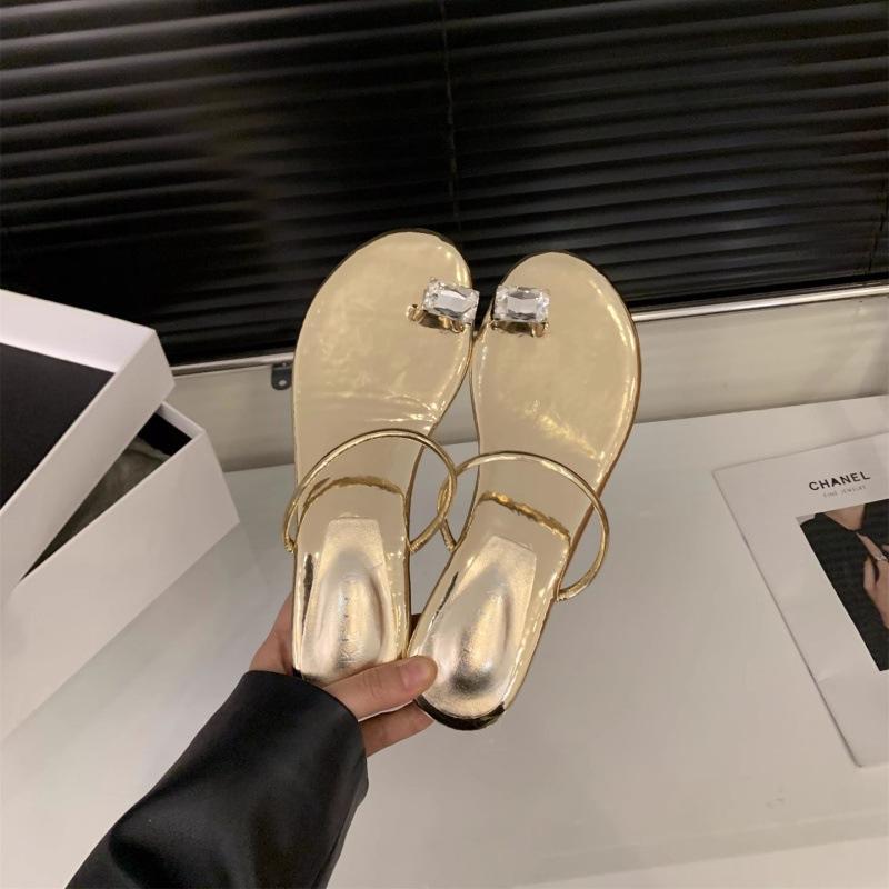 Slope Heel Rhinestone Pigeon Egg Cover Toe French Cool Slippers Women's 2025 Summer Shoes Outer Wear Temperament with Skirt Sandals