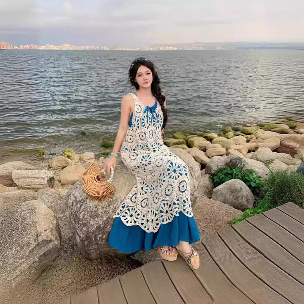 Summer new blue dress temperament long dress seaside vacation sleeveless suspender atmosphere beach dress