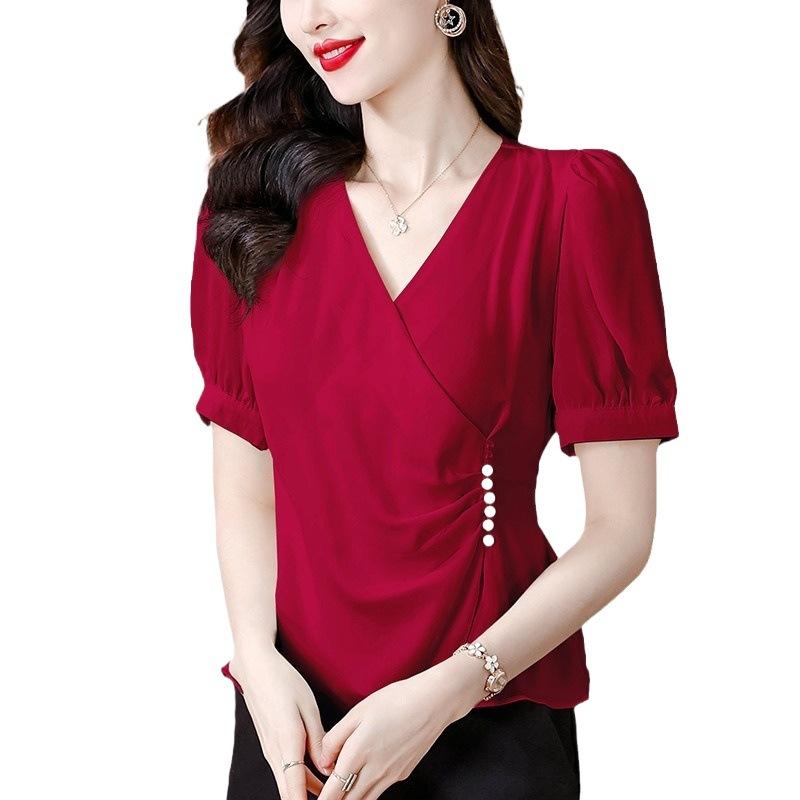 

Новая летняя короткая шифоновая рубашка с V-образным вырезом и короткими рукавами, украшенная бисером, для женщин 3XL