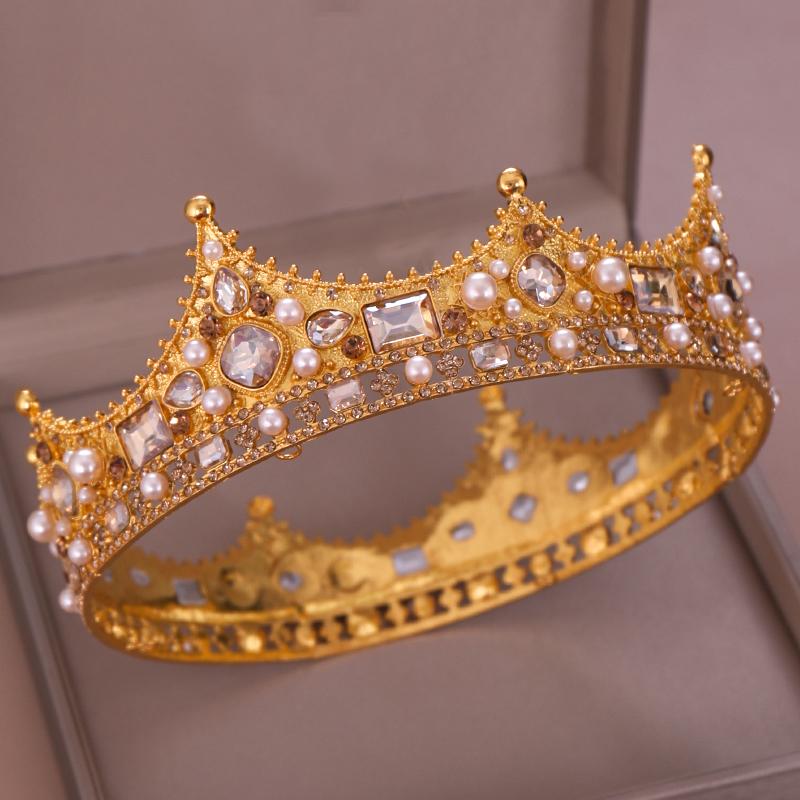 Vintage Gold Royal Crown Round Tiara Bride Head Jewelry Pearl Crystal Hair Accessories Wedding Crown Ornaments Headband Diadem