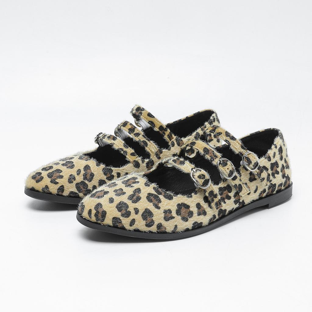 Large size women's shoes round head shallow mouth thick sole non-slip horse hair leopard print single shoes three characters with Mary Jane shoes
