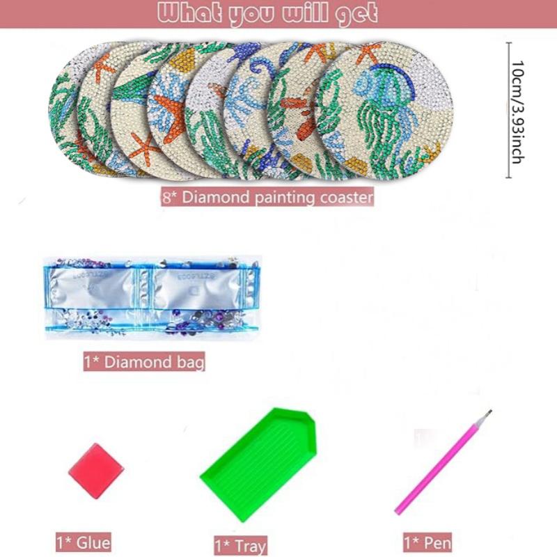 8-piece DIY Marine Animal Print Diamond Art Painting Coasters Wooden Coasters Living Room Office Bar Restaurant