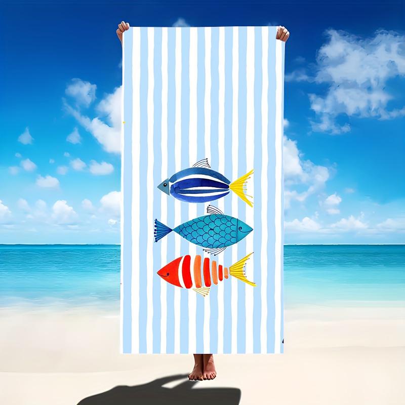 Blue and white striped beach towel with Mediterranean style and ocean elements swimming pool and beach quick drying towel