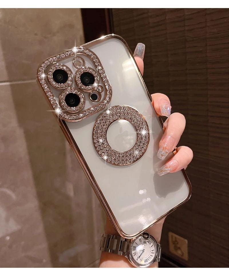 Luxury Electroplated Diamond Glitter Case For iPhone 11 12 13 14 15 16 Pro Max 14 Plus Transparent Hollow Out Bumper Soft Cover
